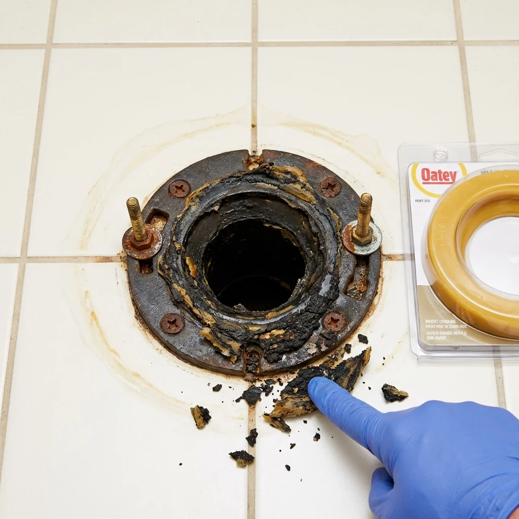 Failed wax ring showing water seepage at the base of a toilet in a Williamston, MI home